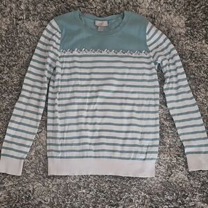LOFT Women's Teal and White Striped Crew Neck Sweater
